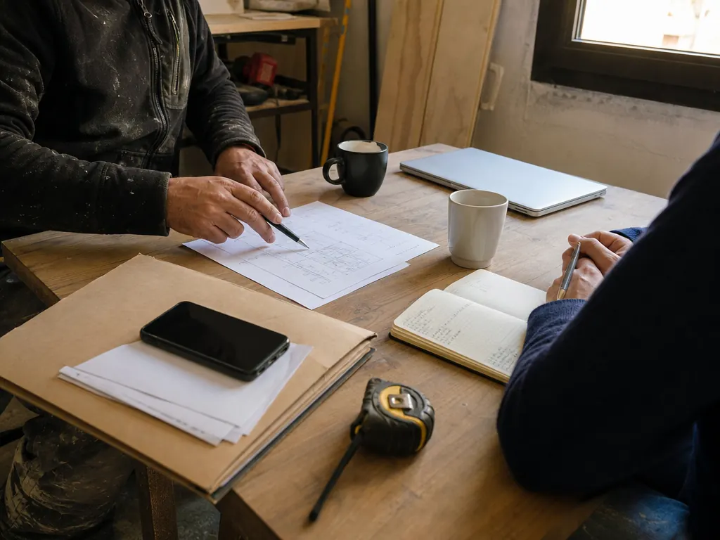 Conversación de trabajo en un taller: un profesional señala un plano sobre la mesa mientras la otra persona toma notas