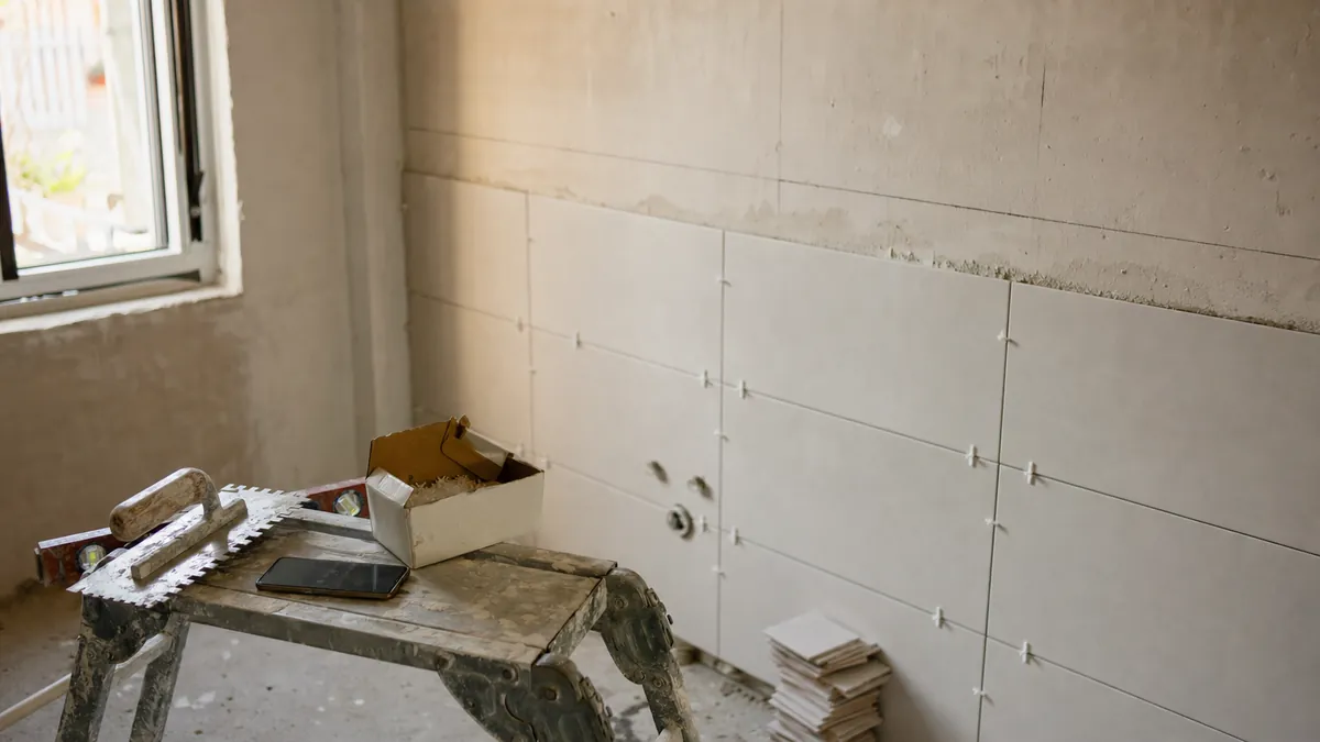 Pared de un baño en reforma con azulejos colocados solo hasta la mitad, una llana, un nivel y un móvil sobre una escalera de obra