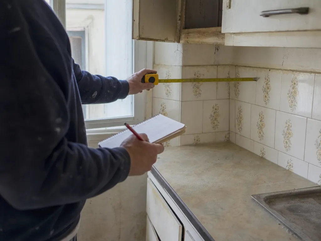 Un profesional mide la pared de una cocina antigua con un metro y apunta en una libreta antes de hacer el presupuesto