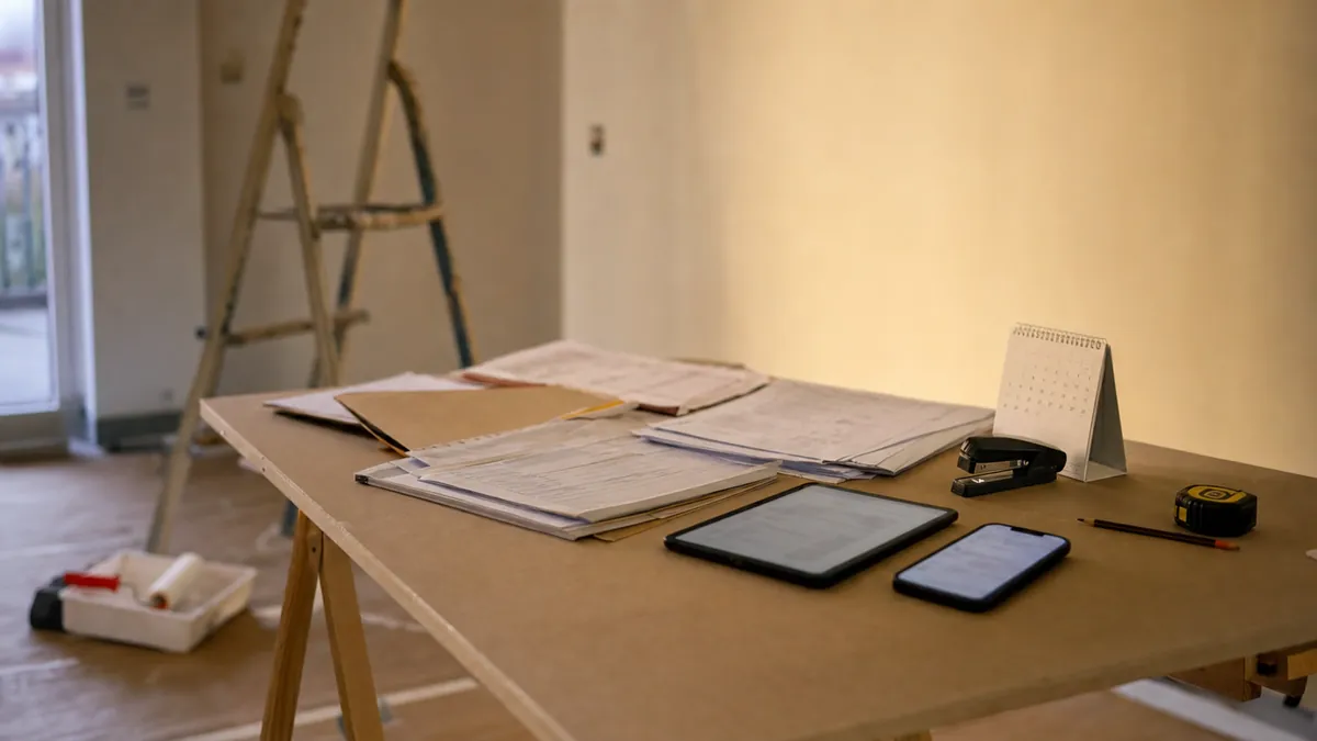 Mesa de trabajo sobre borriquetas en una vivienda en reforma, con carpetas, albaranes, una tableta, el móvil, una grapadora y un metro