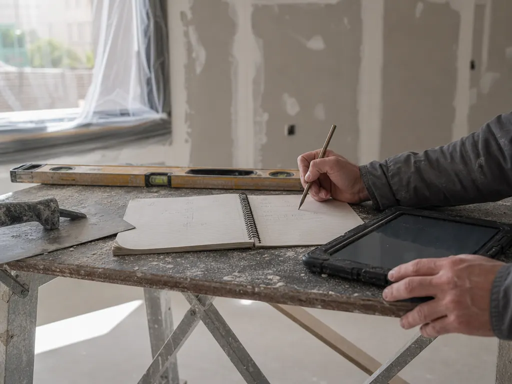 Manos de un profesional apuntando medidas en una libreta junto a una tableta en una obra